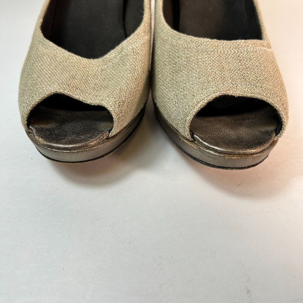 Stuart Weitzman Women's Beige Linen Leather Peep-toe High Heel Pump Size 11 - Picture 7 of 16